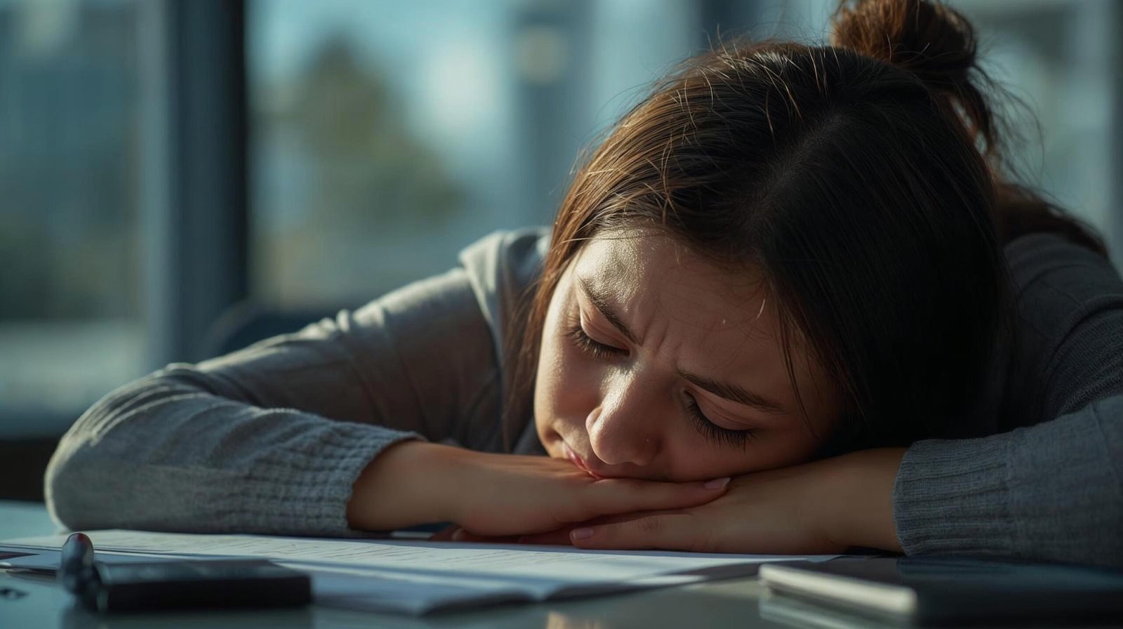 tired person at desk face in hands, visibly drained and stressed, afternoon office light