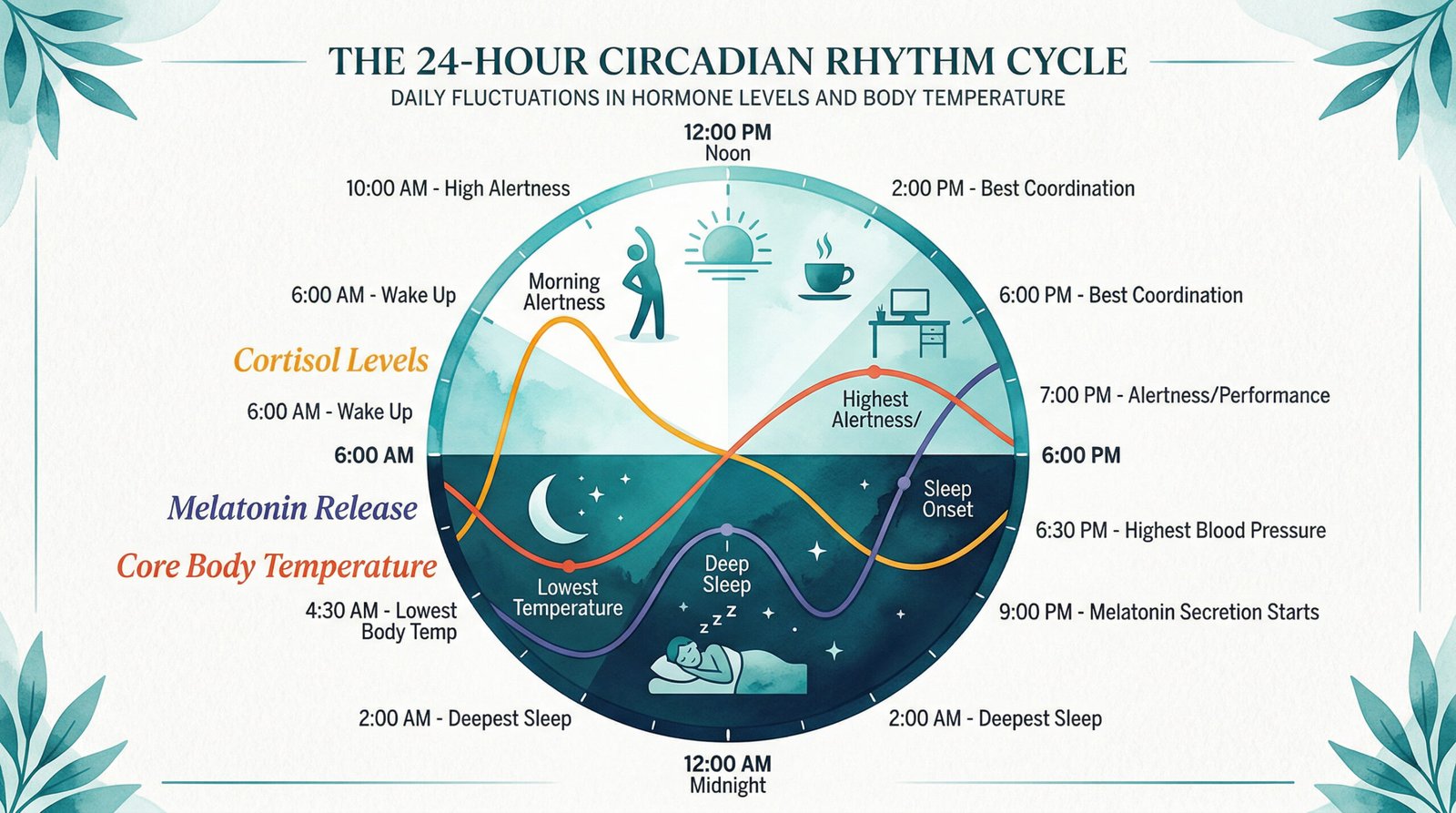 diagram of 24-hour circadian rhythm cycle showing cortisol morning rise, afternoon temperature peak and evening melatonin release in teal and white