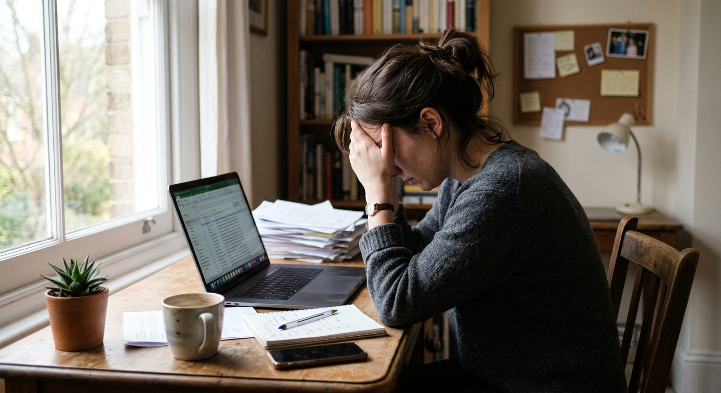 a woman looking drained and unfocused at desk in mid-afternoon, head in hands, signs of circadian energy crash