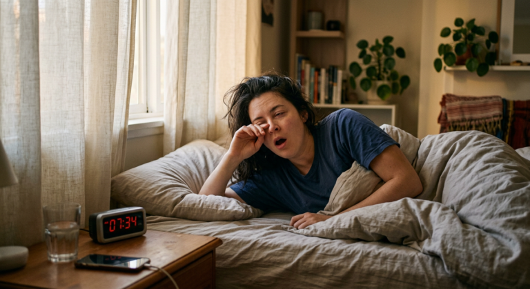 a woman waking up groggy in morning light with alarm clock visible, looking exhausted despite sleeping