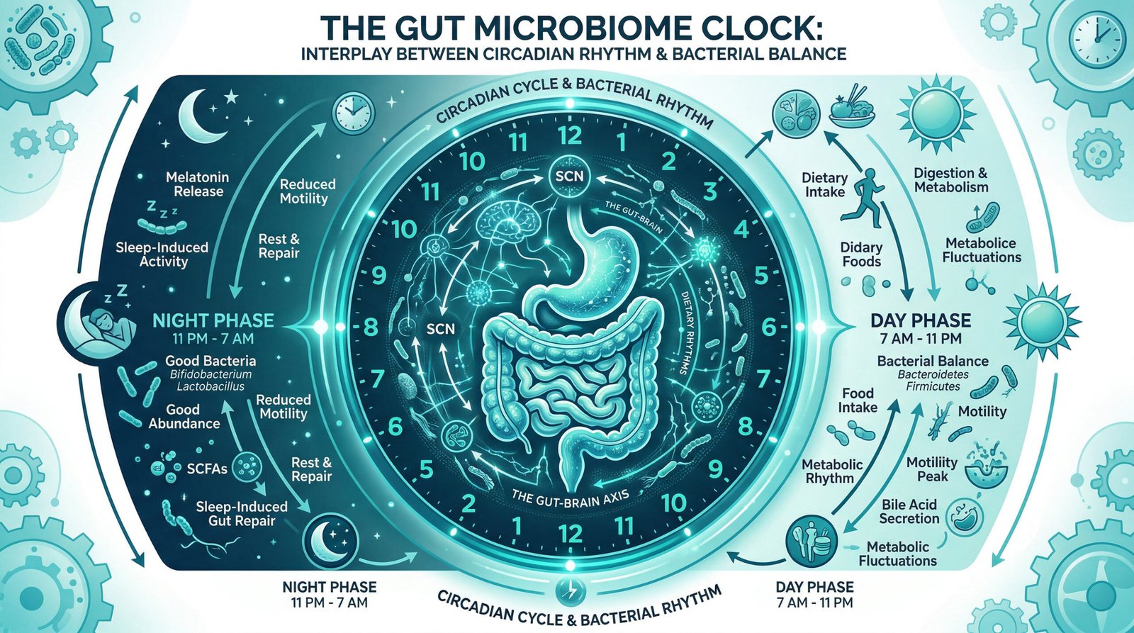 diagram circadian rhythm gut microbiome clock teal white infographic sleep cycle bacteria