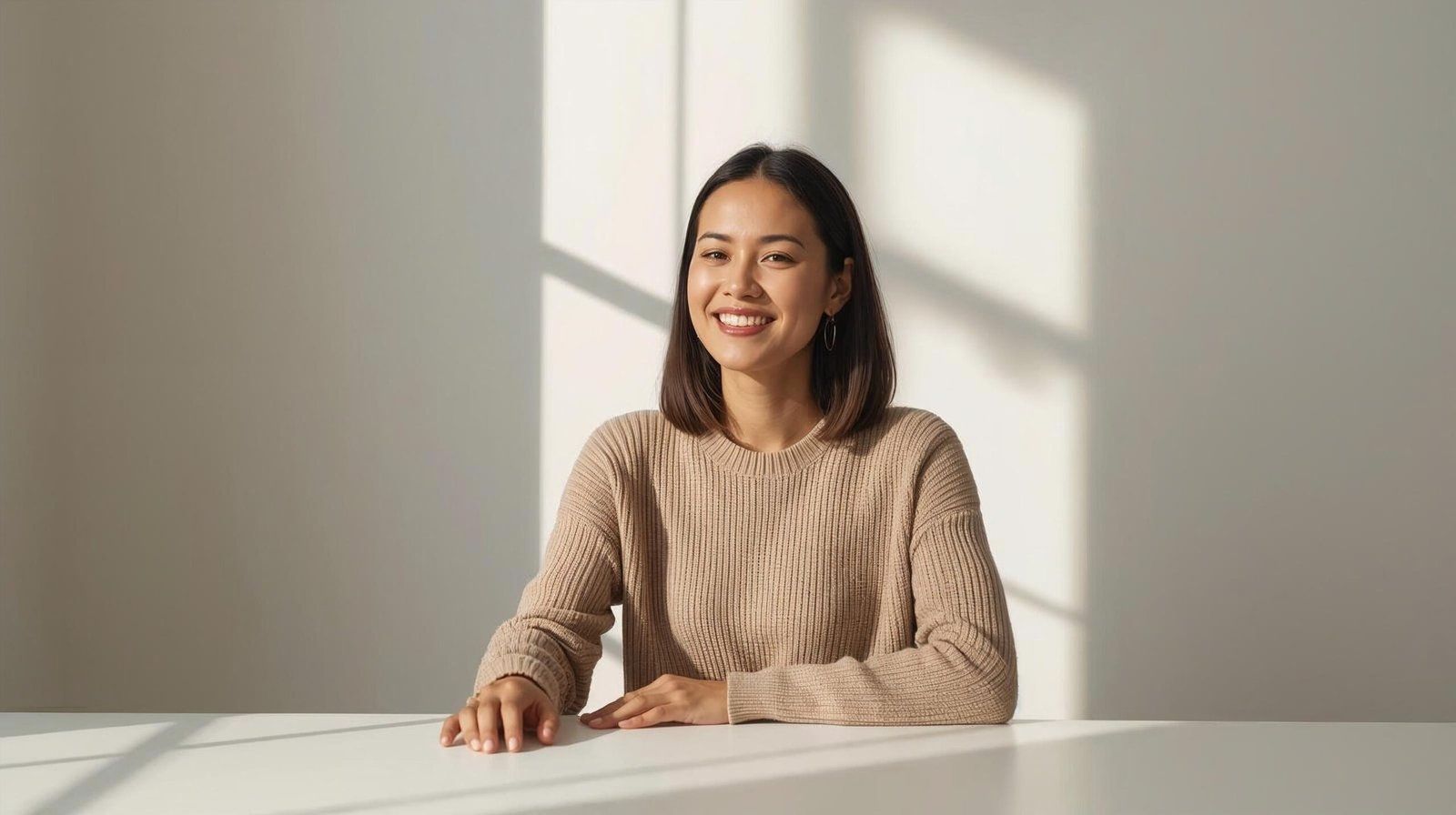 person smiling at desk calm focused energized morning sunlight after healthy gut routine