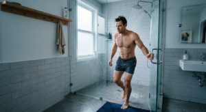 man stepping into cold shower in morning light looking focused and determined, performance mindset