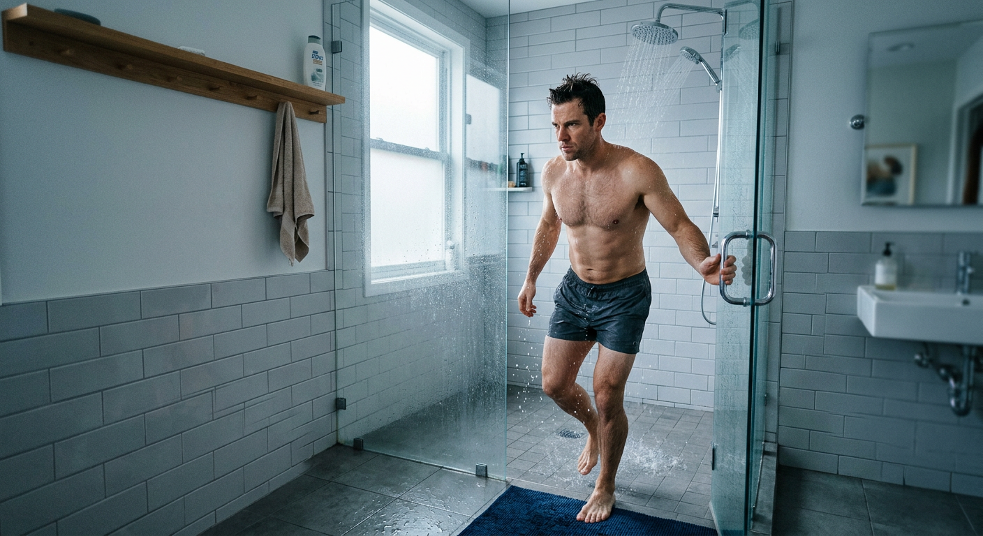 man stepping into cold shower in morning light looking focused and determined, performance mindset