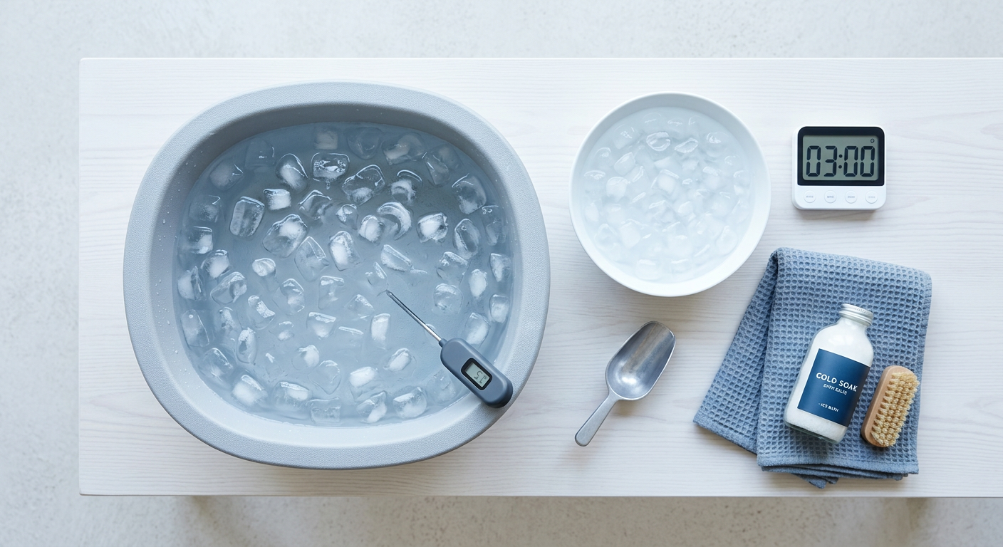 flat lay of cold exposure tools — ice bath tub, cold shower head, timer — clean minimal setup