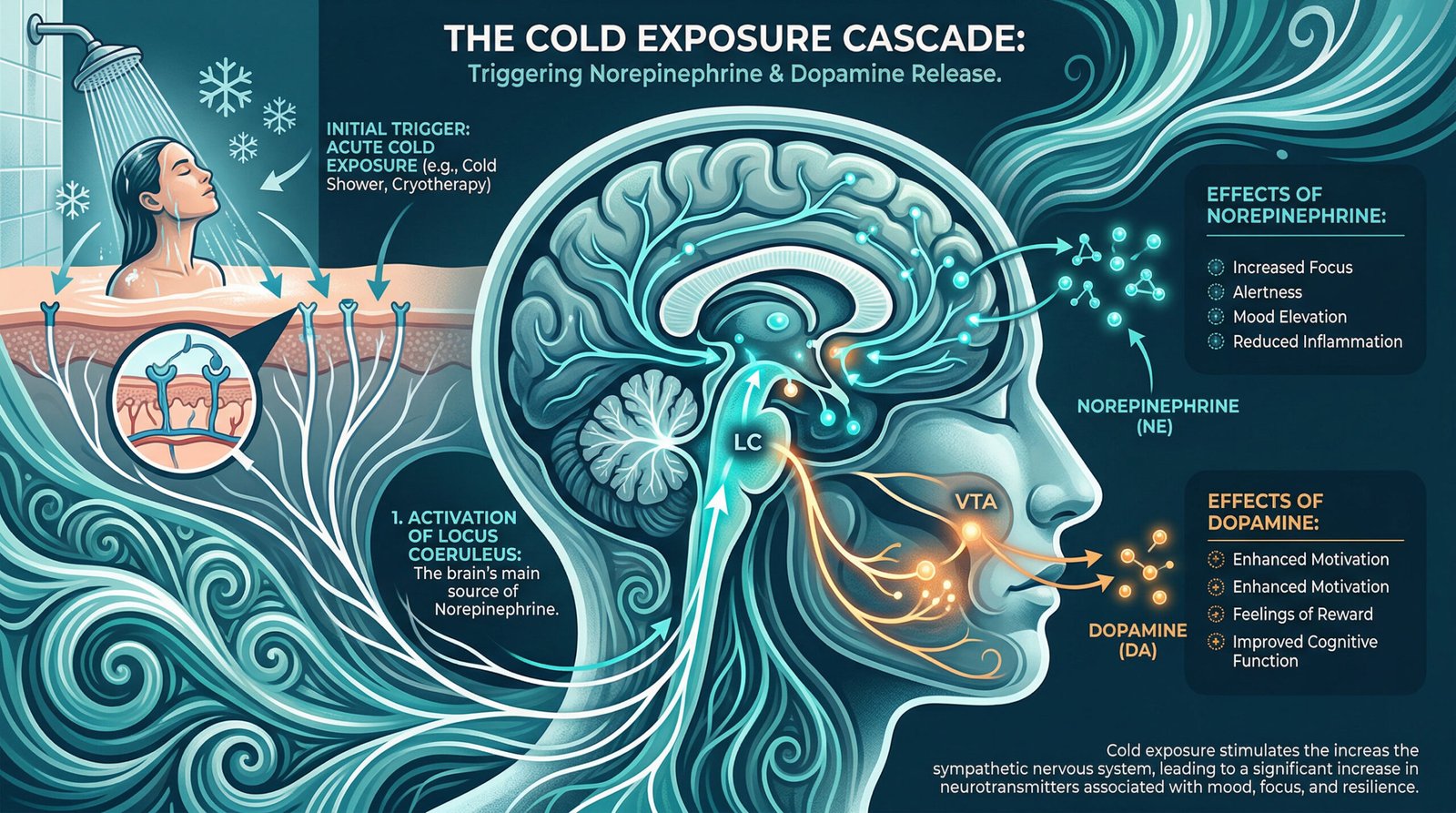 diagram showing cold exposure triggering norepinephrine and dopamine release in the brain, teal white infographic