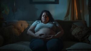 stressed person sitting on couch with visible belly, exhausted look, dim home lighting
