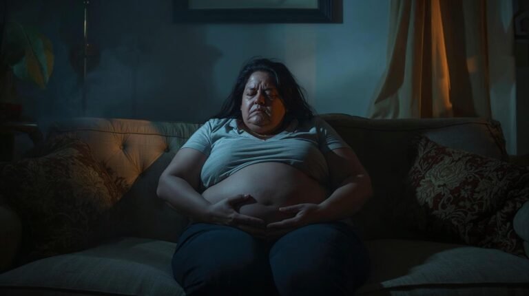 stressed person sitting on couch with visible belly, exhausted look, dim home lighting