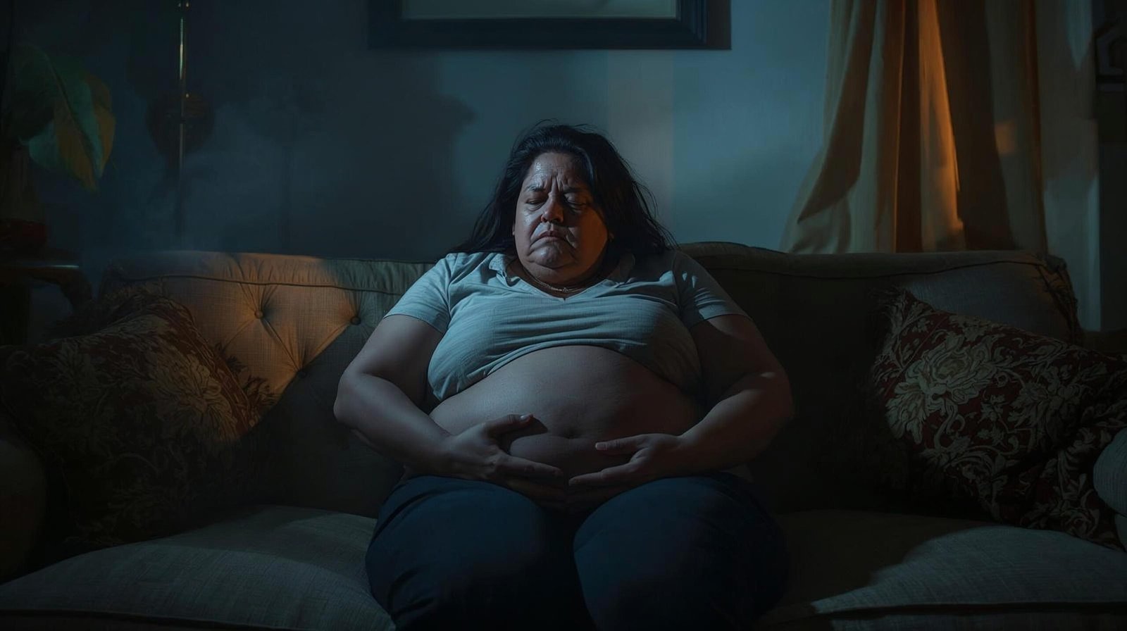 stressed person sitting on couch with visible belly, exhausted look, dim home lighting