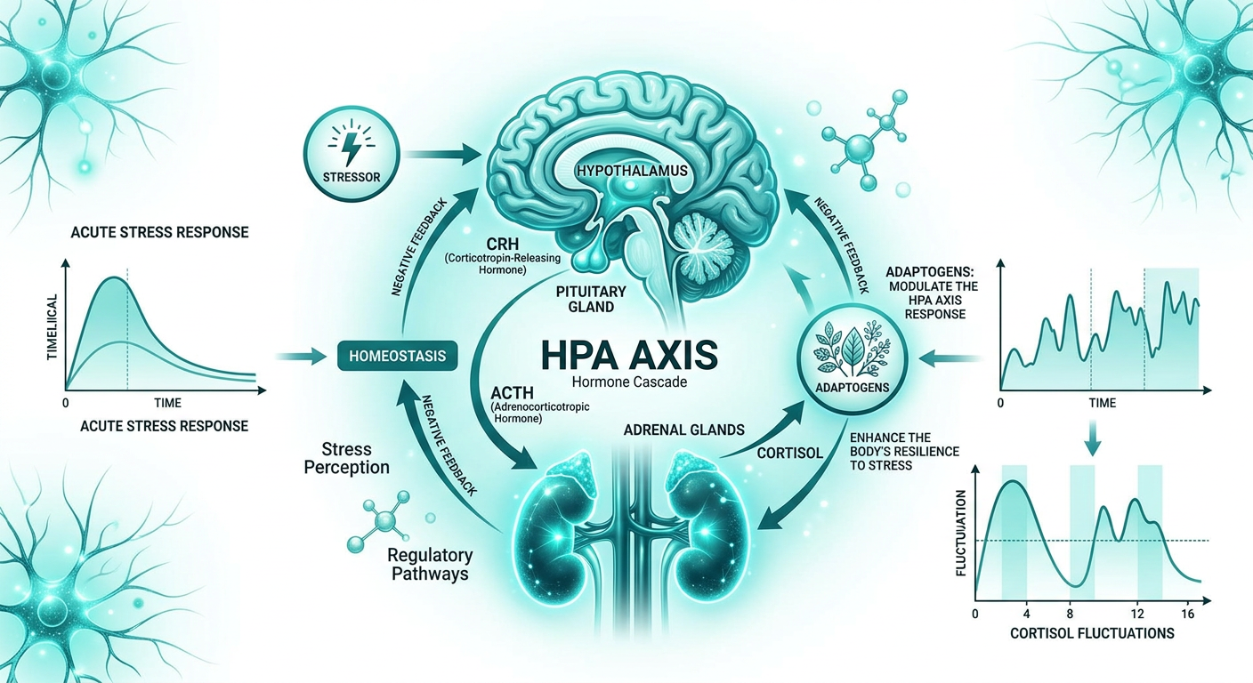 diagram showing HPA axis cortisol stress response and how adaptogens regulate it, teal and white