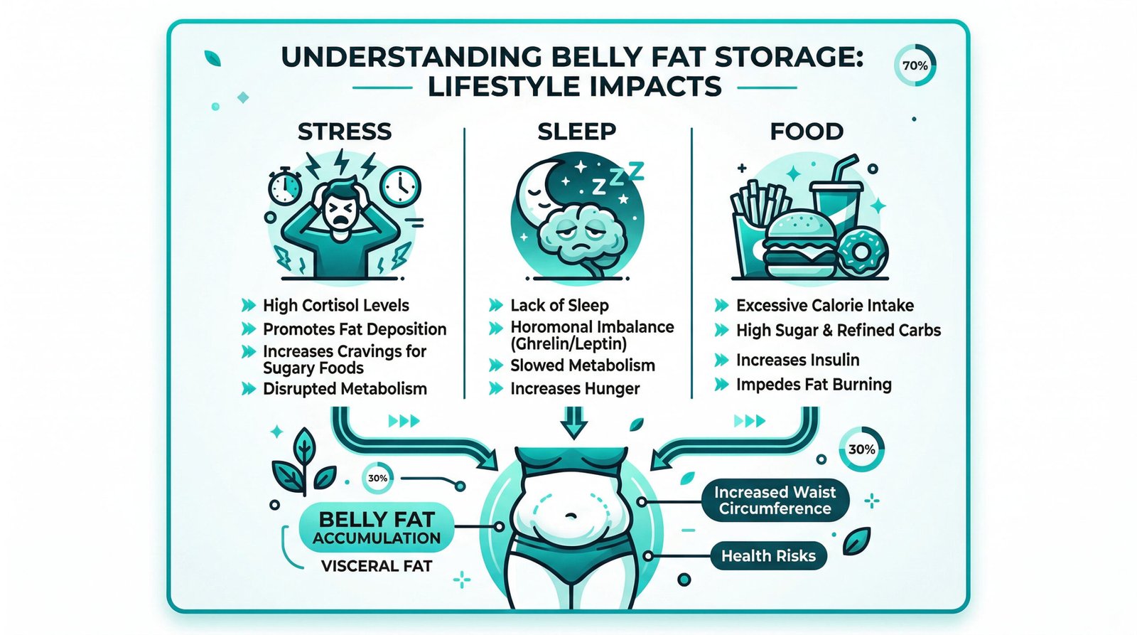 clean infographic showing stress, sleep, and food icons affecting belly fat storage, teal white