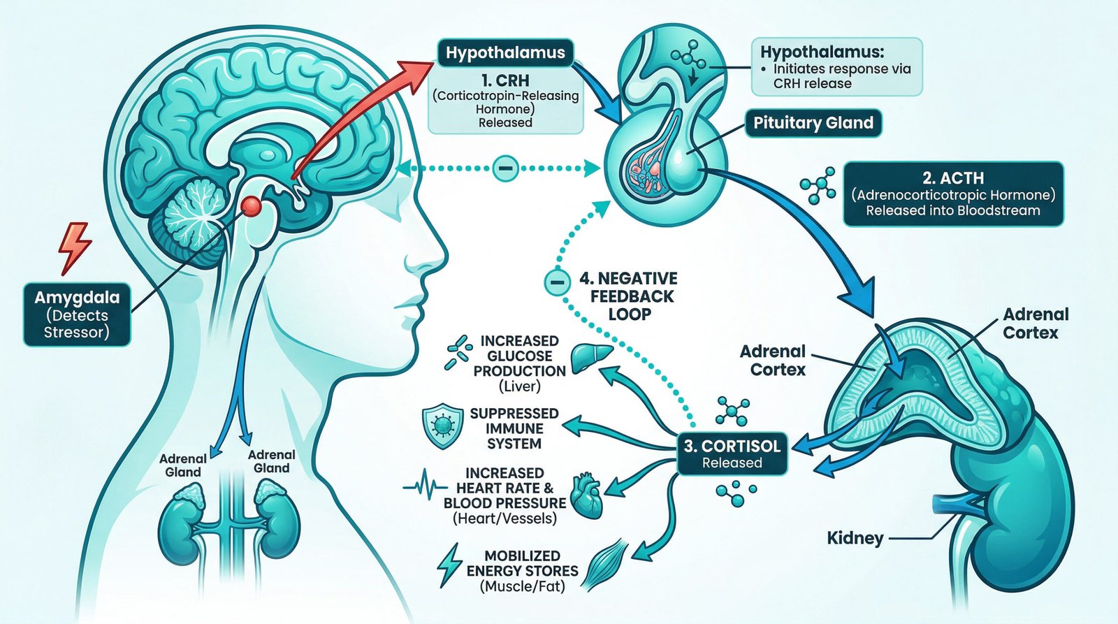 illustration of human body showing cortisol stress response pathways through adrenal glands and brain, teal diagram