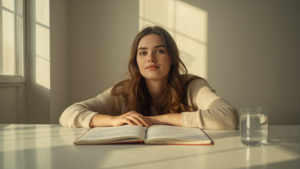 person focused at desk in morning light with notebook and water glass, clear mental energy