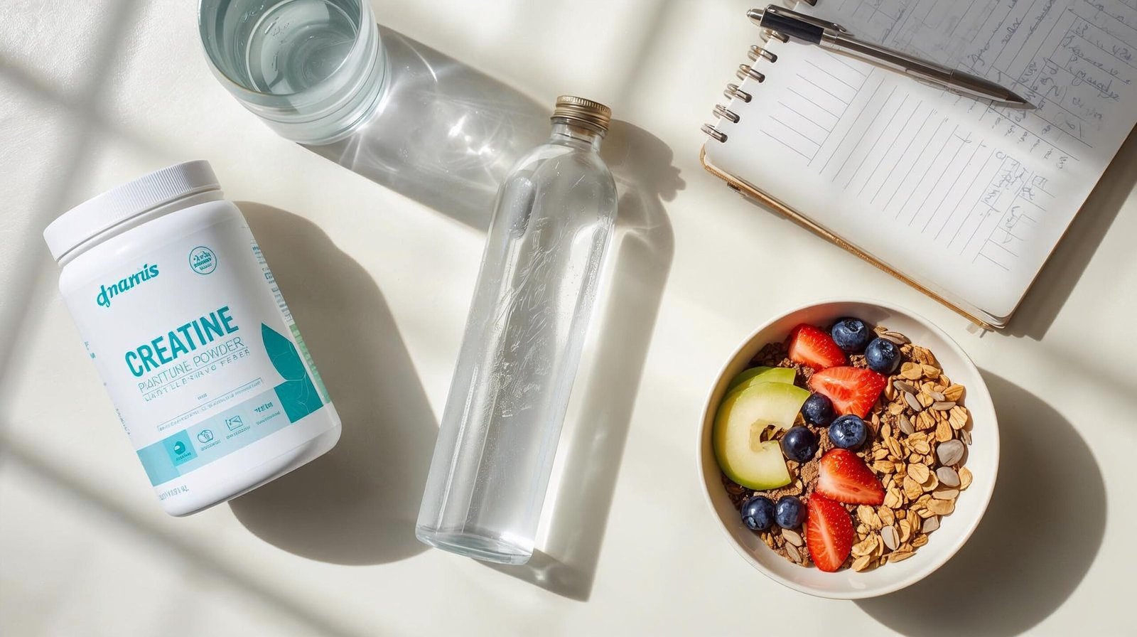 lifestyle flat lay with creatine powder, water, journal and healthy breakfast for brain health