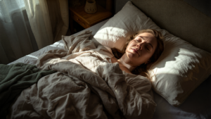 person sleeping deeply and peacefully in a dark quiet bedroom, soft moonlight, calm restorative atmosphere for deep sleep