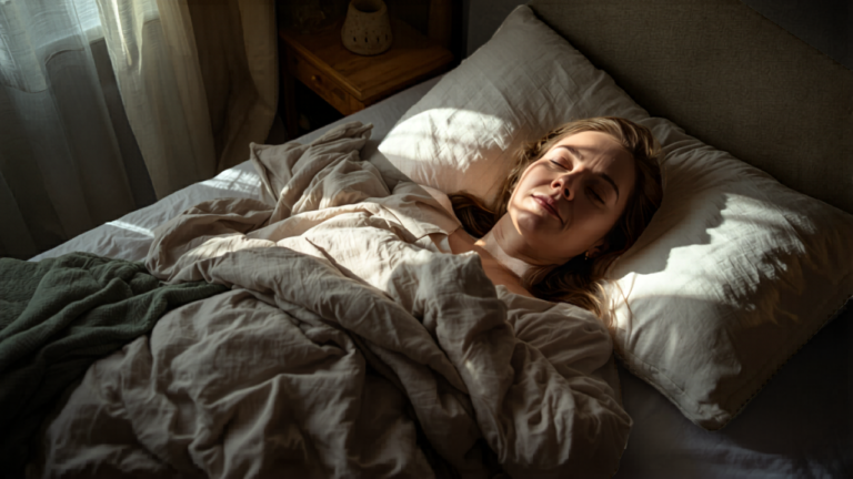 person sleeping deeply and peacefully in a dark quiet bedroom, soft moonlight, calm restorative atmosphere for deep sleep