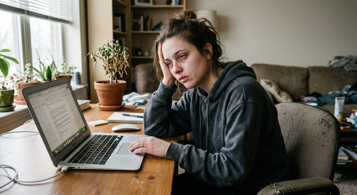 person looking unfocused and mentally foggy at a work desk with no water nearby, signs of mild dehydration