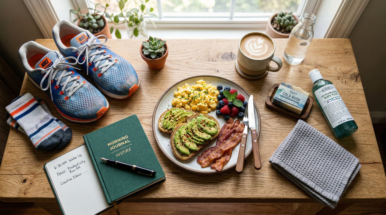 morning flat lay with running shoes, sunlight, protein breakfast, cold shower items and small notebook to boost dopamine naturally