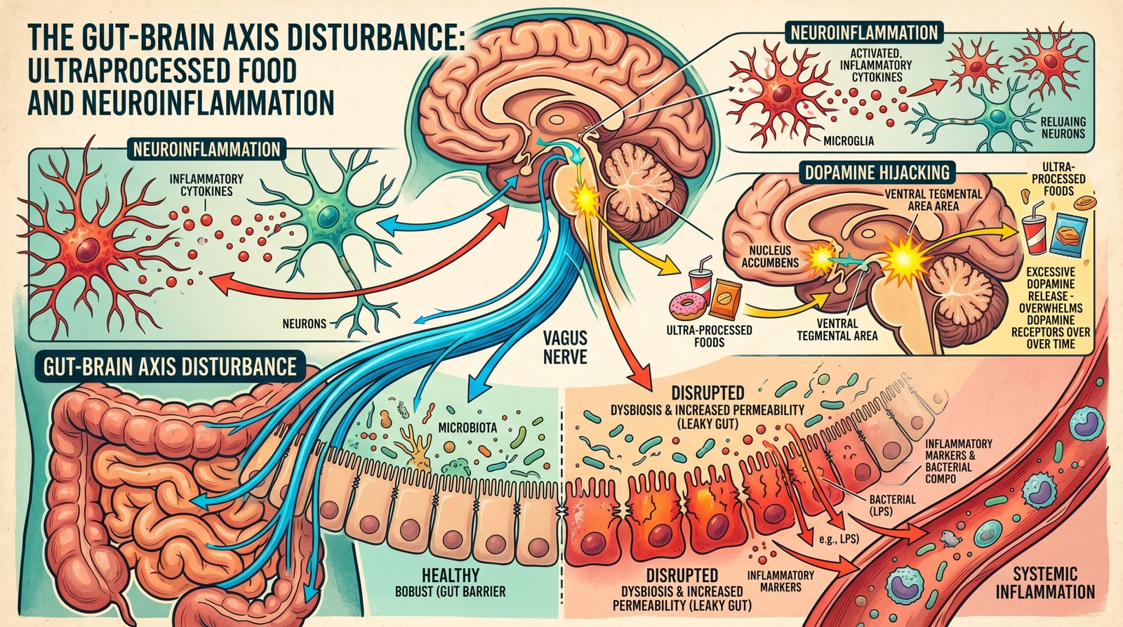 diagram showing three mechanisms: dopamine hijacking, gut-brain axis disruption, neuroinflammation caused by ultra-processed food