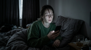 a woman staring blankly at phone in dim morning light, looking mentally drained and unmotivated