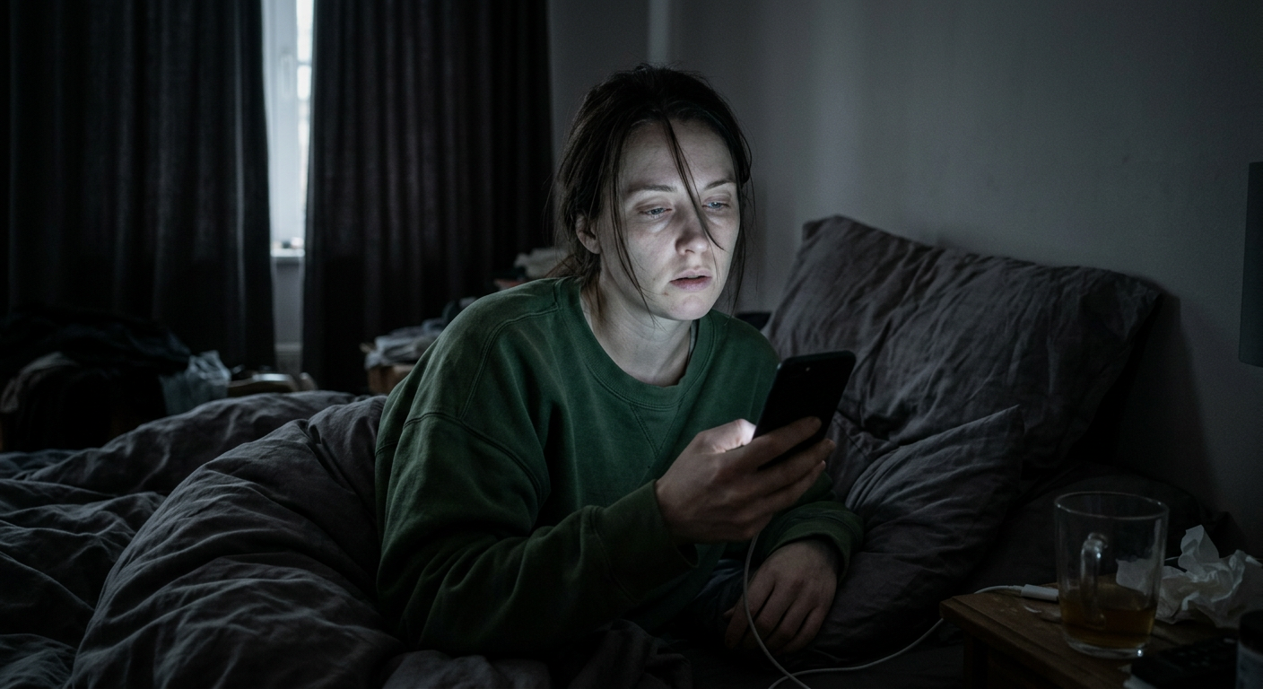 a woman staring blankly at phone in dim morning light, looking mentally drained and unmotivated