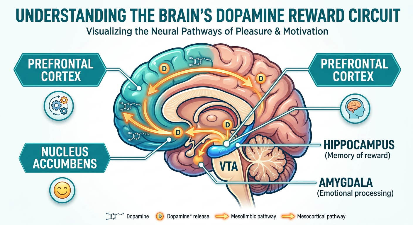 diagram showing the dopamine reward circuit with nucleus accumbens and prefrontal cortex labeled, teal and white health infographic style