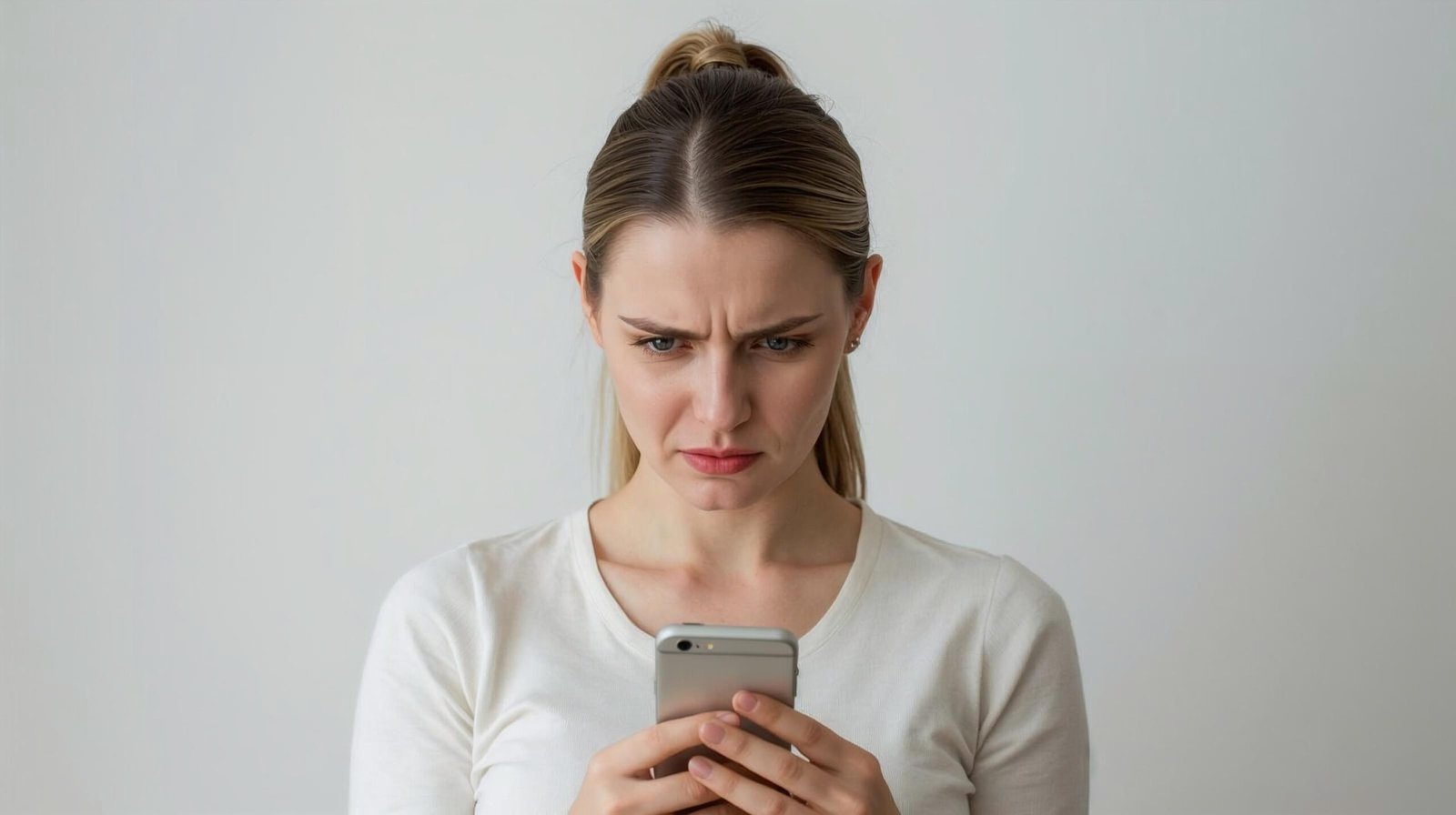 person looking tense and overstimulated staring at phone, shoulders raised, jaw tight, signs of a dysregulated nervous system