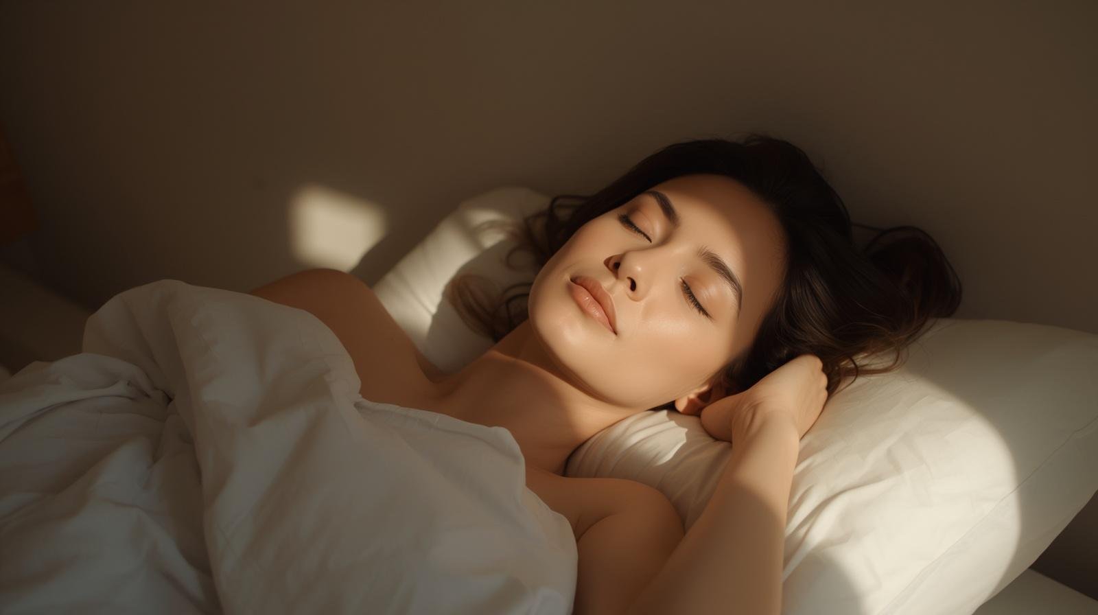 person waking up naturally without alarm in morning sunlight looking calm and rested after circadian rhythm reset