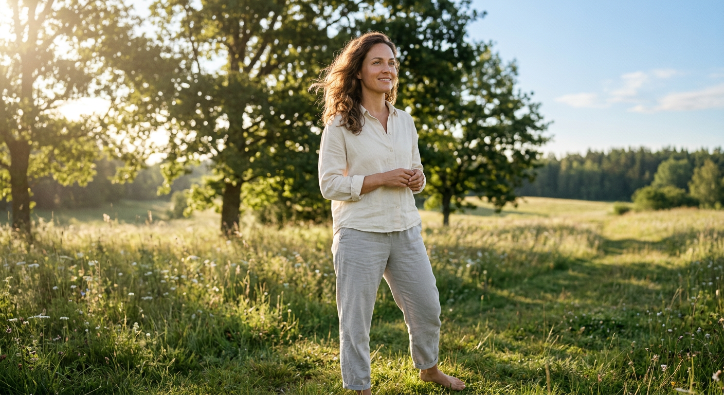 a woman standing in morning sunlight looking calm and energized after completing a 7-day dopamine reset challenge