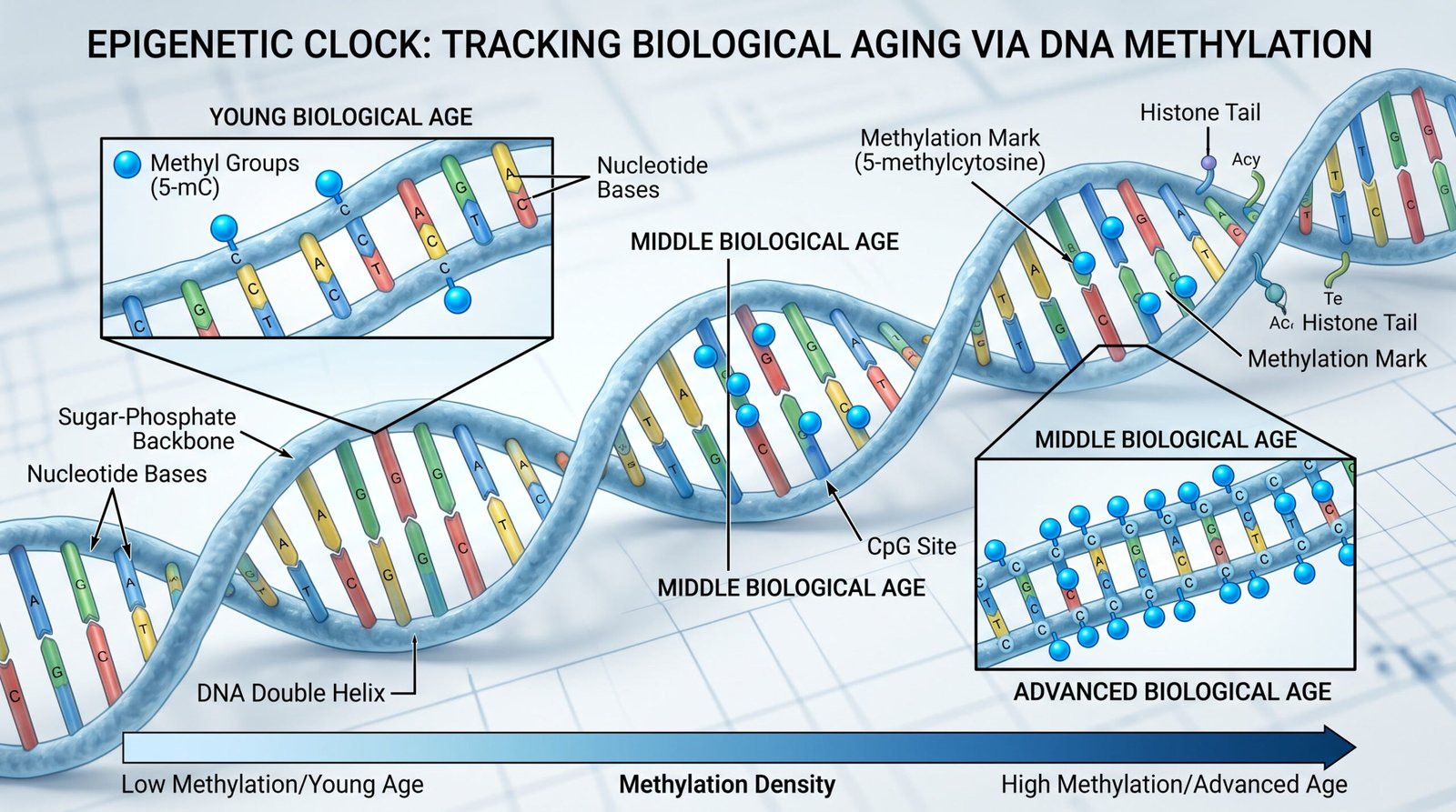 clean diagram showing DNA strand with methylation marks representing biological aging epigenetic clock