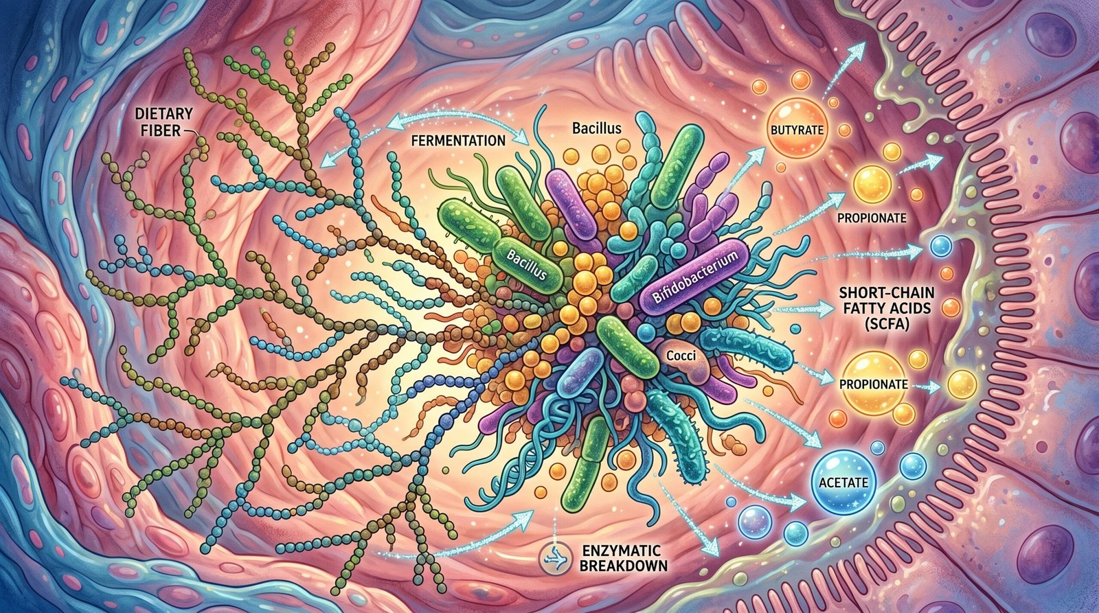 diagram showing how dietary fiber is fermented by gut bacteria into short-chain fatty acids that benefit metabolism