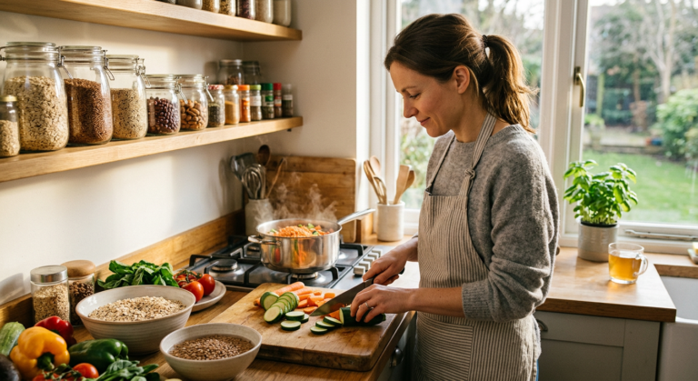 person in kitchen preparing high-fiber whole foods — oats, lentils, vegetables — morning light, health-focused