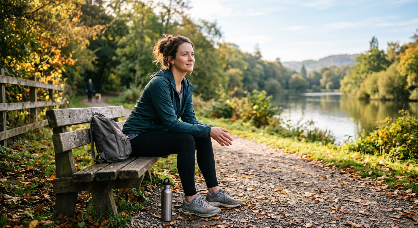 focused and calm person sitting outdoors after a walk, looking mentally refreshed and clear