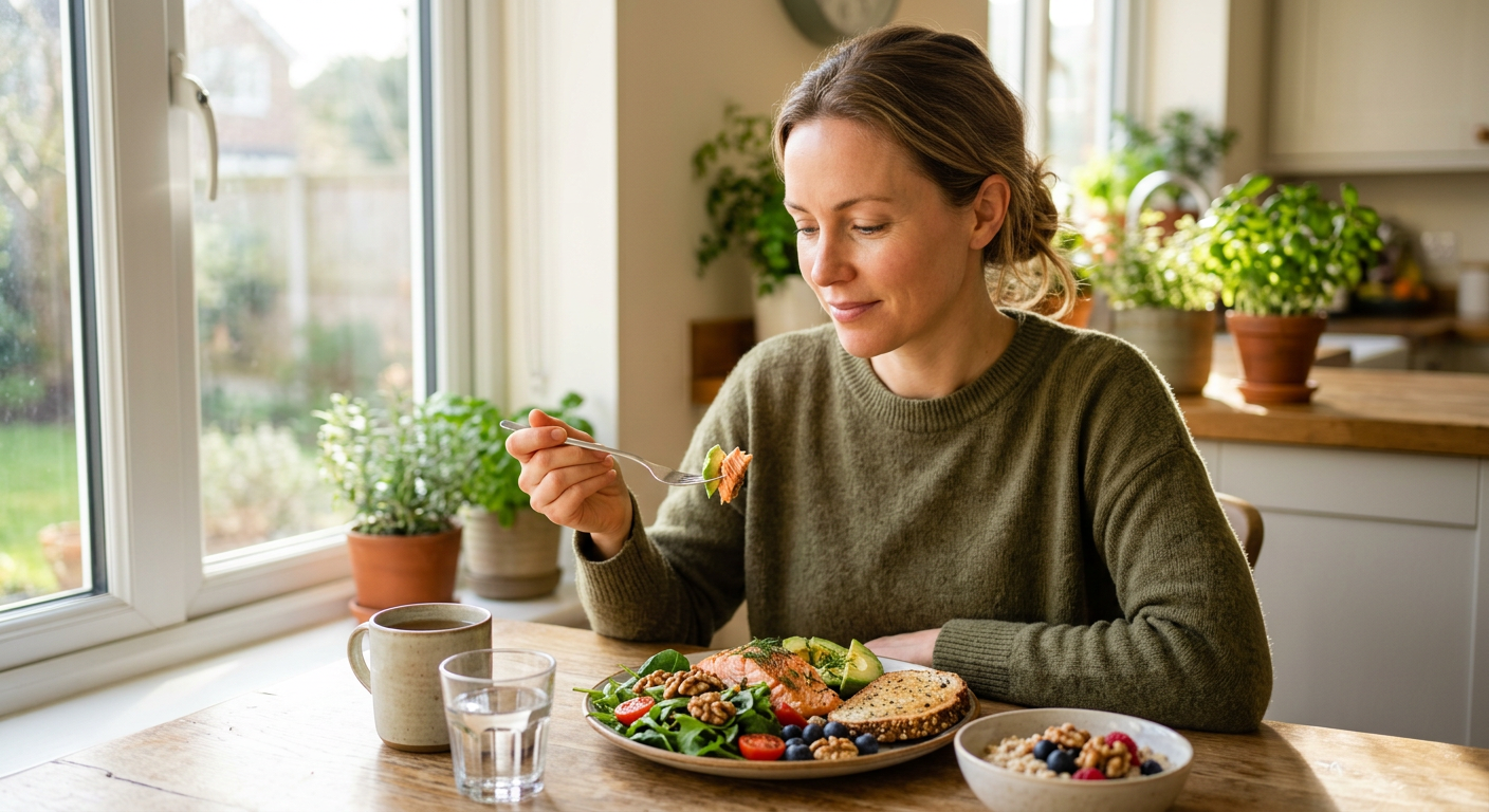 calm and focused woman eating a healthy breakfast with omega-3 rich foods in bright morning light