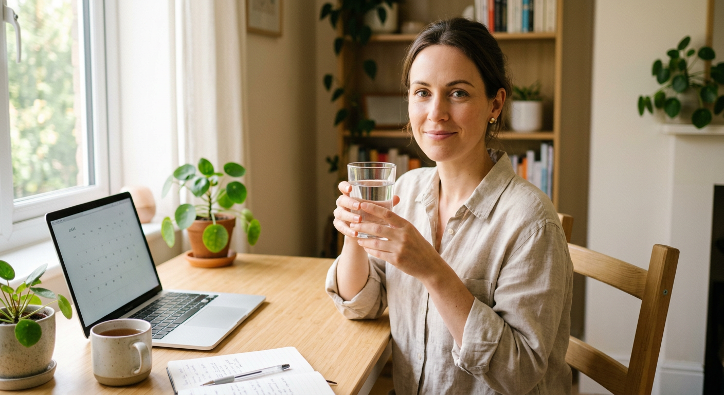 person sitting at a desk with a glass of water looking clear-headed and focused after adopting hydration habits
