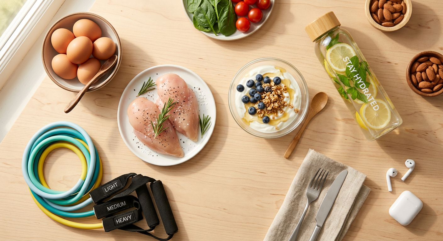 flat lay with protein-rich foods, resistance bands, and water bottle on clean white surface
