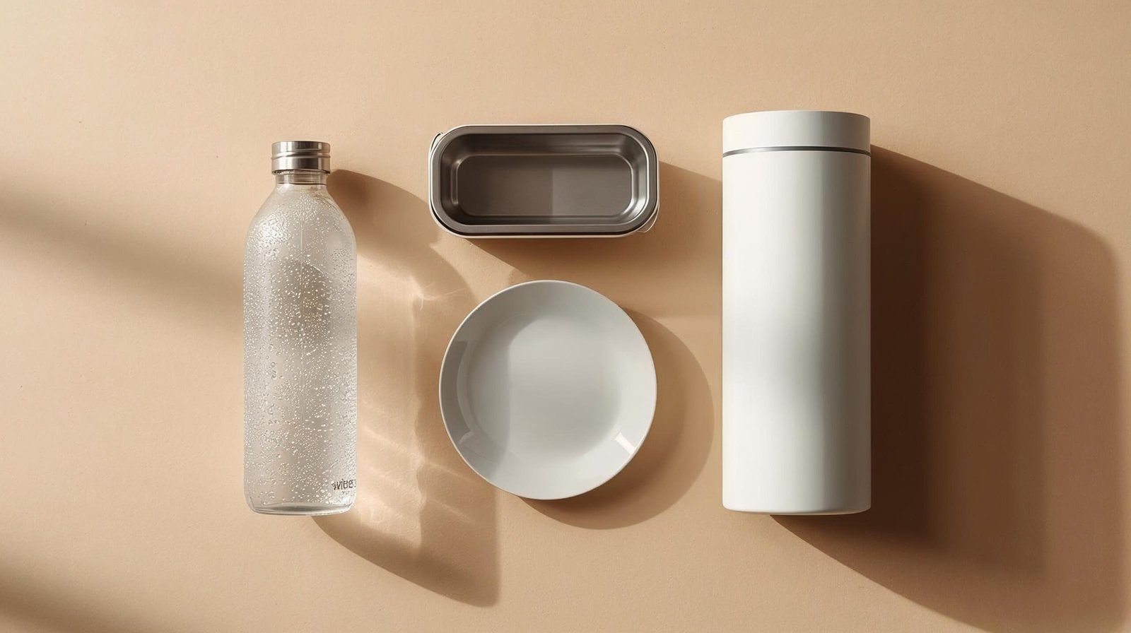flat lay of glass water bottles, stainless steel containers, and a water filter — alternatives to reduce microplastic exposure
