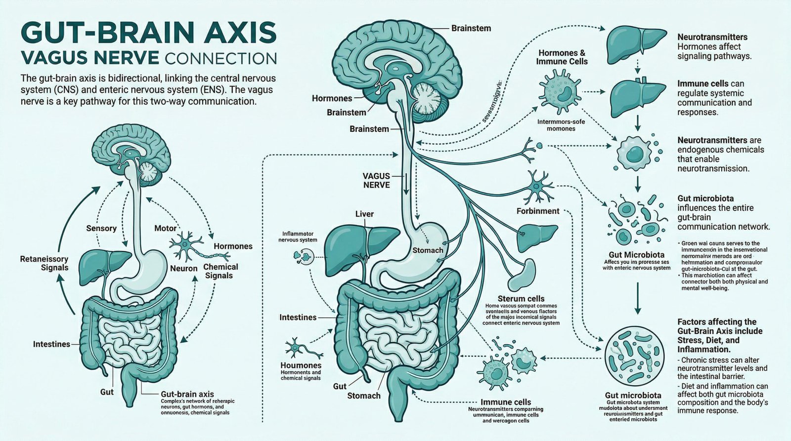 diagram showing gut-brain axis vagus nerve connection teal white infographic