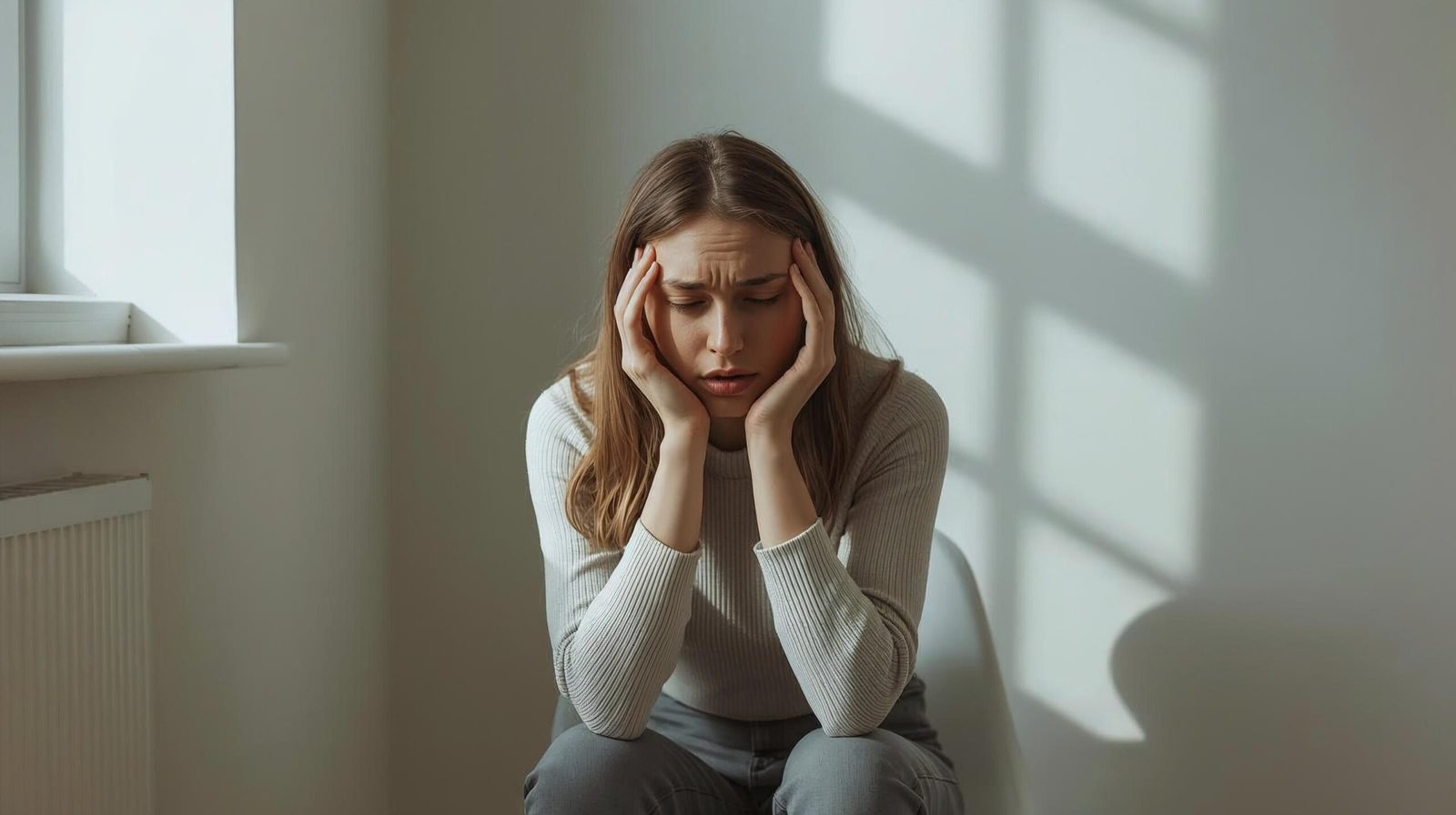 person looking anxious with brain fog and gut discomfort seated indoors