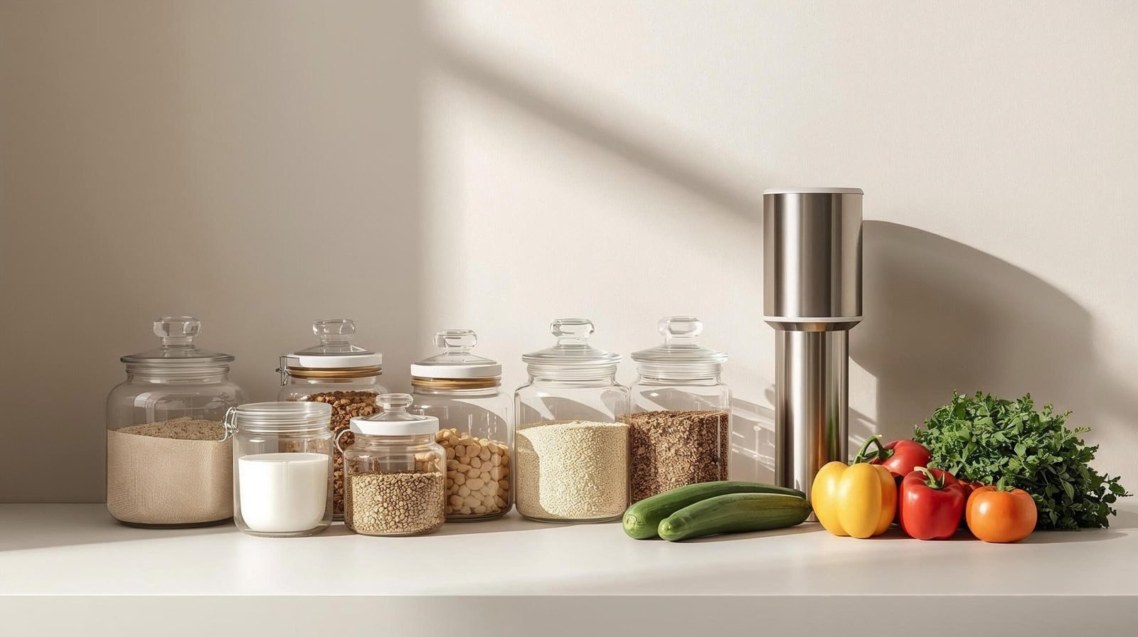 clean kitchen with glass containers, filtered water, and fresh whole foods representing low-plastic healthy lifestyle