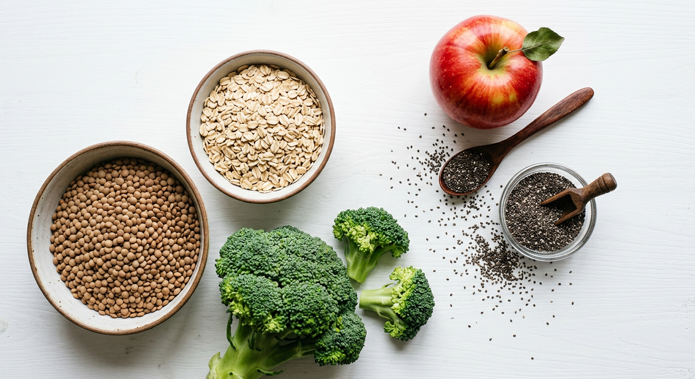 flat lay of high-fiber foods: lentils, oats, apple, chia seeds, broccoli on white surface