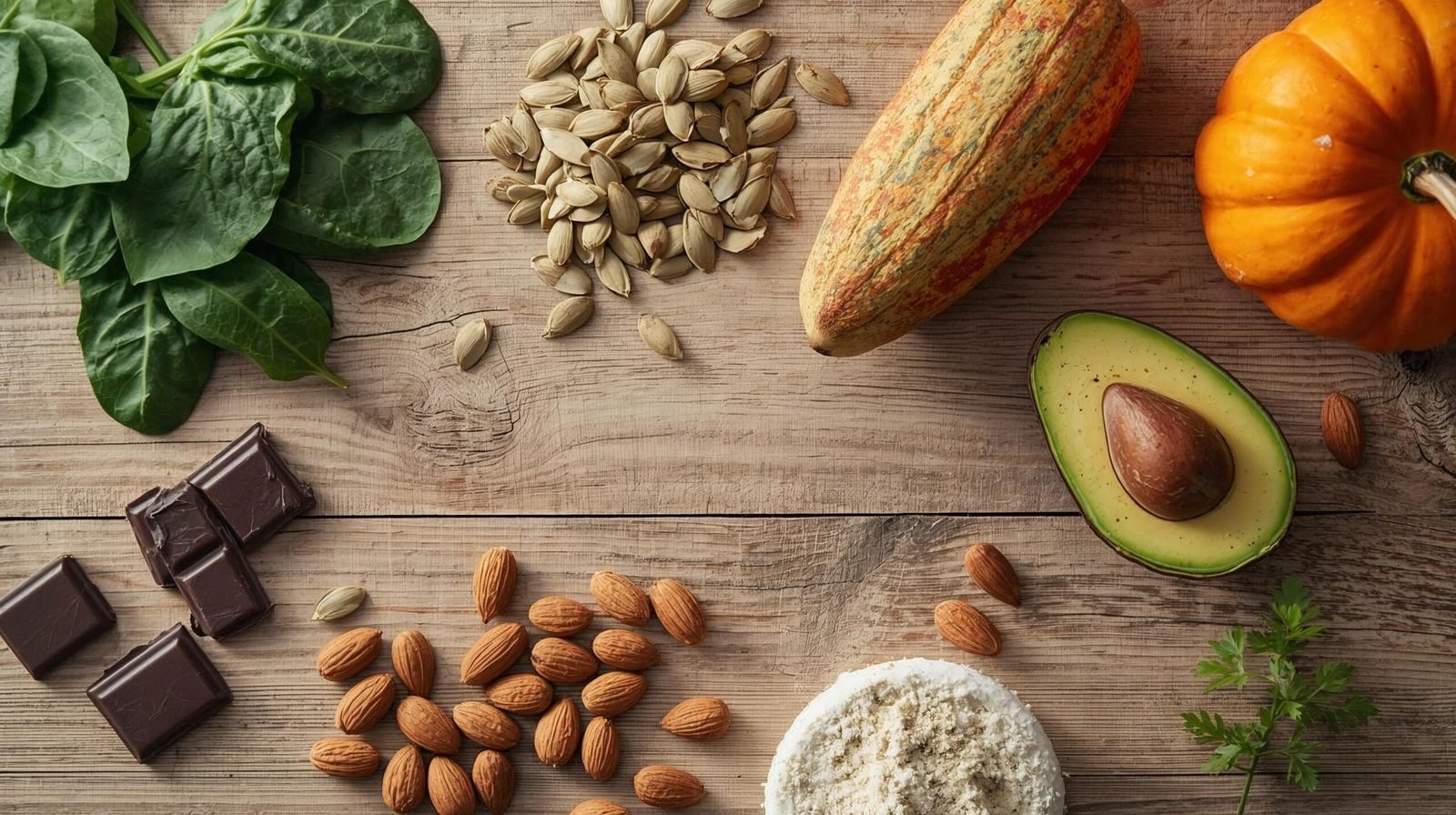 flat lay of high magnesium foods including dark chocolate spinach pumpkin seeds almonds avocado on wooden surface, warm natural light