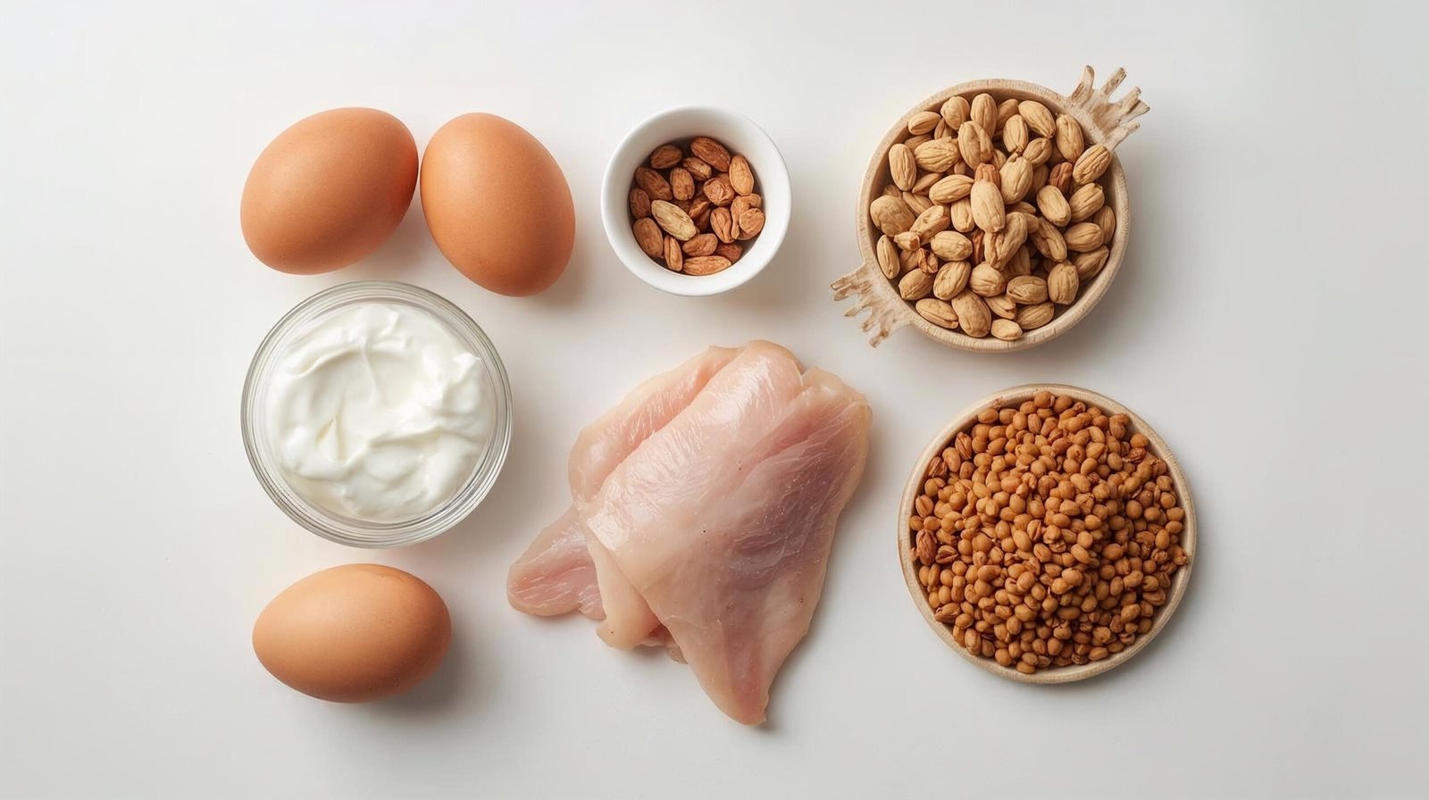 flat lay of eggs, Greek yogurt, chicken, nuts and lentils arranged on clean surface for brain health nutrition