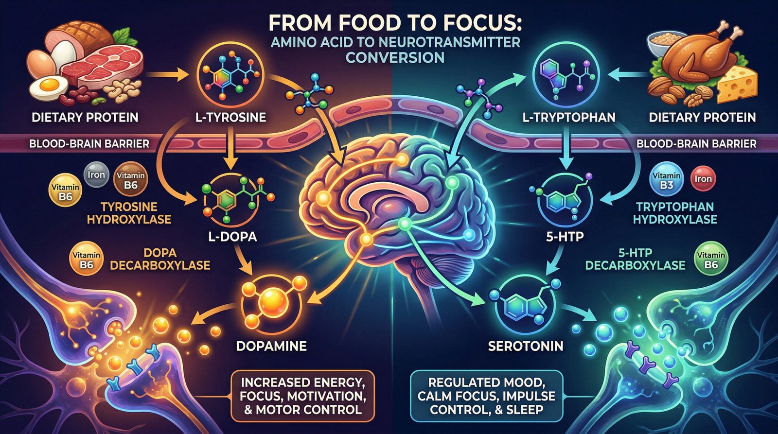 clean diagram showing how dietary amino acids convert to dopamine and serotonin for brain energy and focus