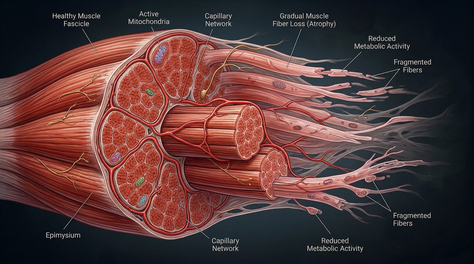 clean diagram showing muscle fiber loss and metabolic slowdown process in the human body