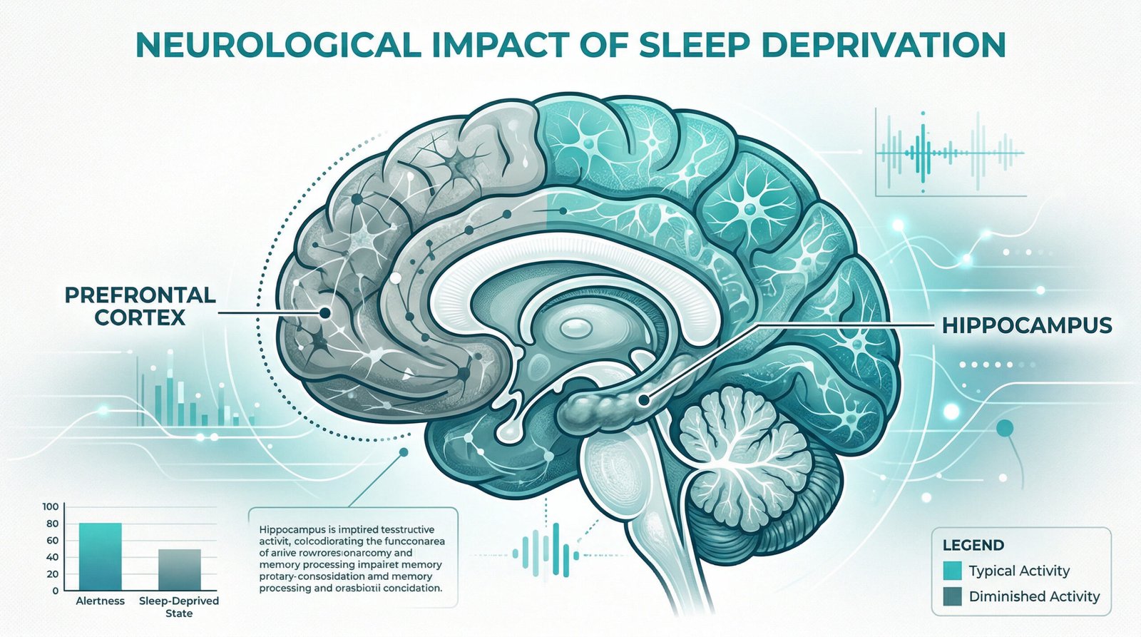 brain diagram showing dimmed prefrontal cortex and hippocampus activity under sleep deprivation, teal and white style