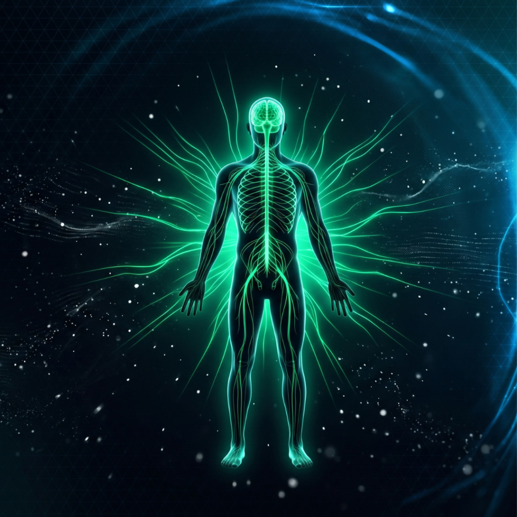 Glowing human silhouette with illuminated brain and nervous system representing science-based energy focus and human performance optimization by Humaleth