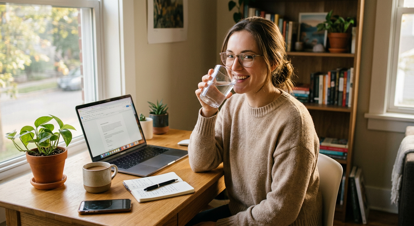 a woman drinking a glass of water at a desk in morning light looking alert and focused