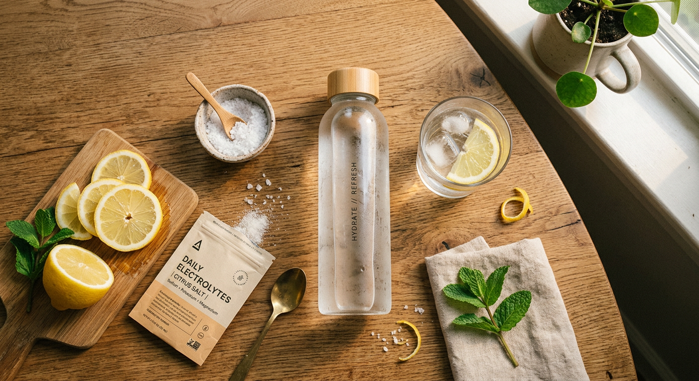 flat lay of hydration tools — glass water bottle, electrolyte powder, fruit slices and a morning routine setup