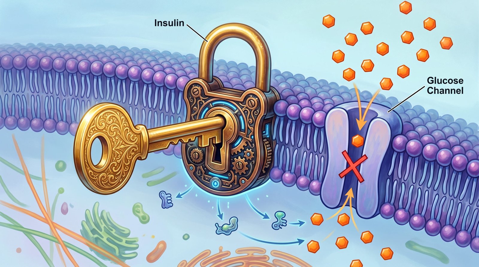 diagram showing insulin as a key and glucose receptor as a lock on a cell, with blocked glucose entry